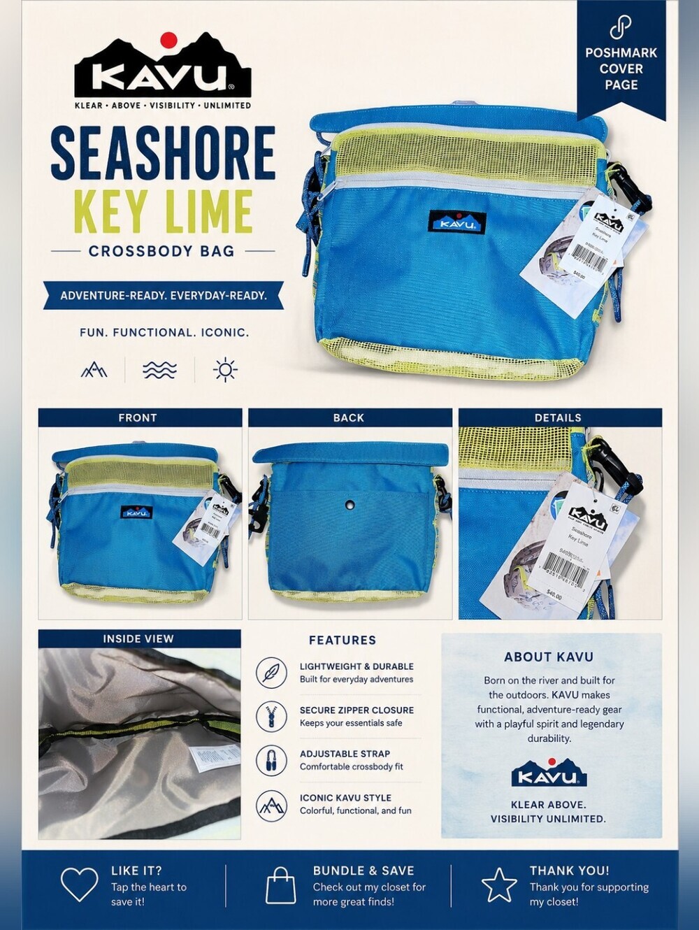 NWT KAVU Seashore Bag Key Lime Blue Green Mesh Crossbody Shoulder Festival Bag